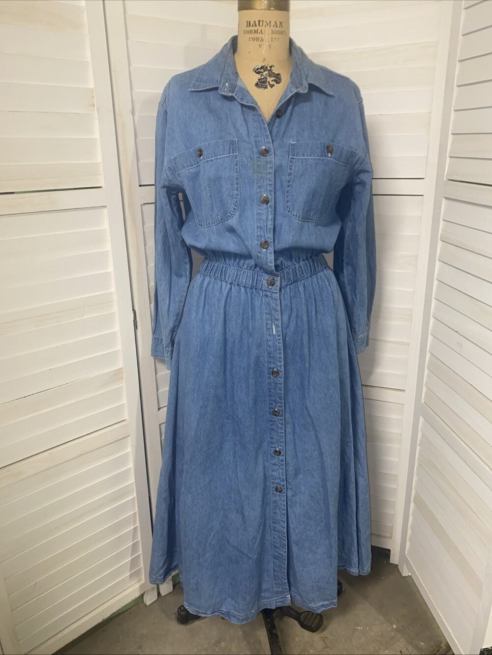 Vtg 80's/90's FADS Women's Long Sleeve Button Down Denim Jean Shirt Dress LRG